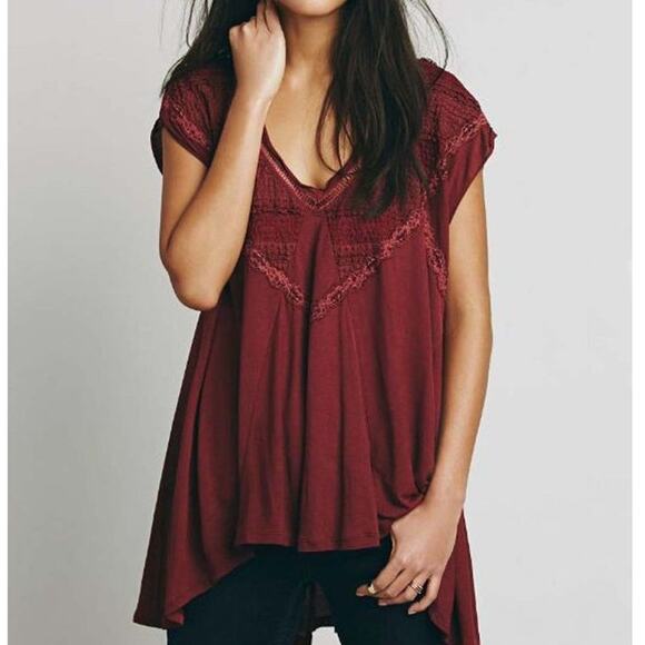 Free People Abigail Flowing Oversized V-Neck Lace-Crochet Detailing Tee in Wine - Picture 3 of 12